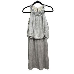 Jackie Jon New York Women Dress Rhinestone Neck Metallic Silver Elastic Waist 8*